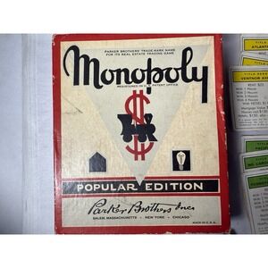 1951 Monopoly Popular Edition Game Pieces Wood Houses Hotels Tokens Cards Money